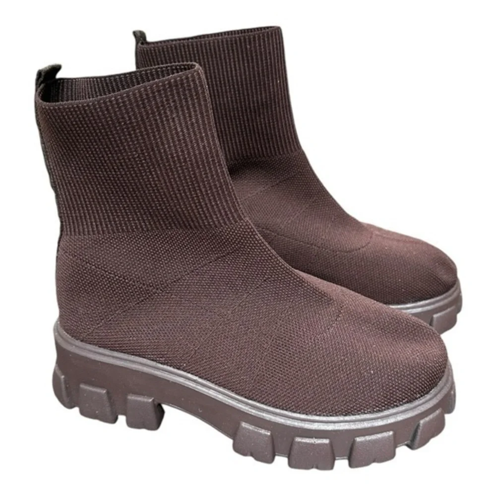 Chelsea Moto Boots 39 Sz 8.5 NWOT Chunky Casual Fall Brown Woven Sock Knit Ankle